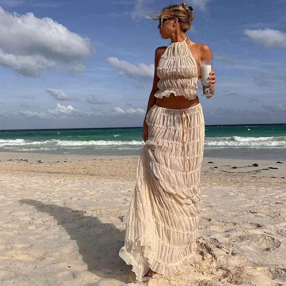 Summer foreign trade sexy backless halter neck strap pleated lace vest vacation style long skirt suit