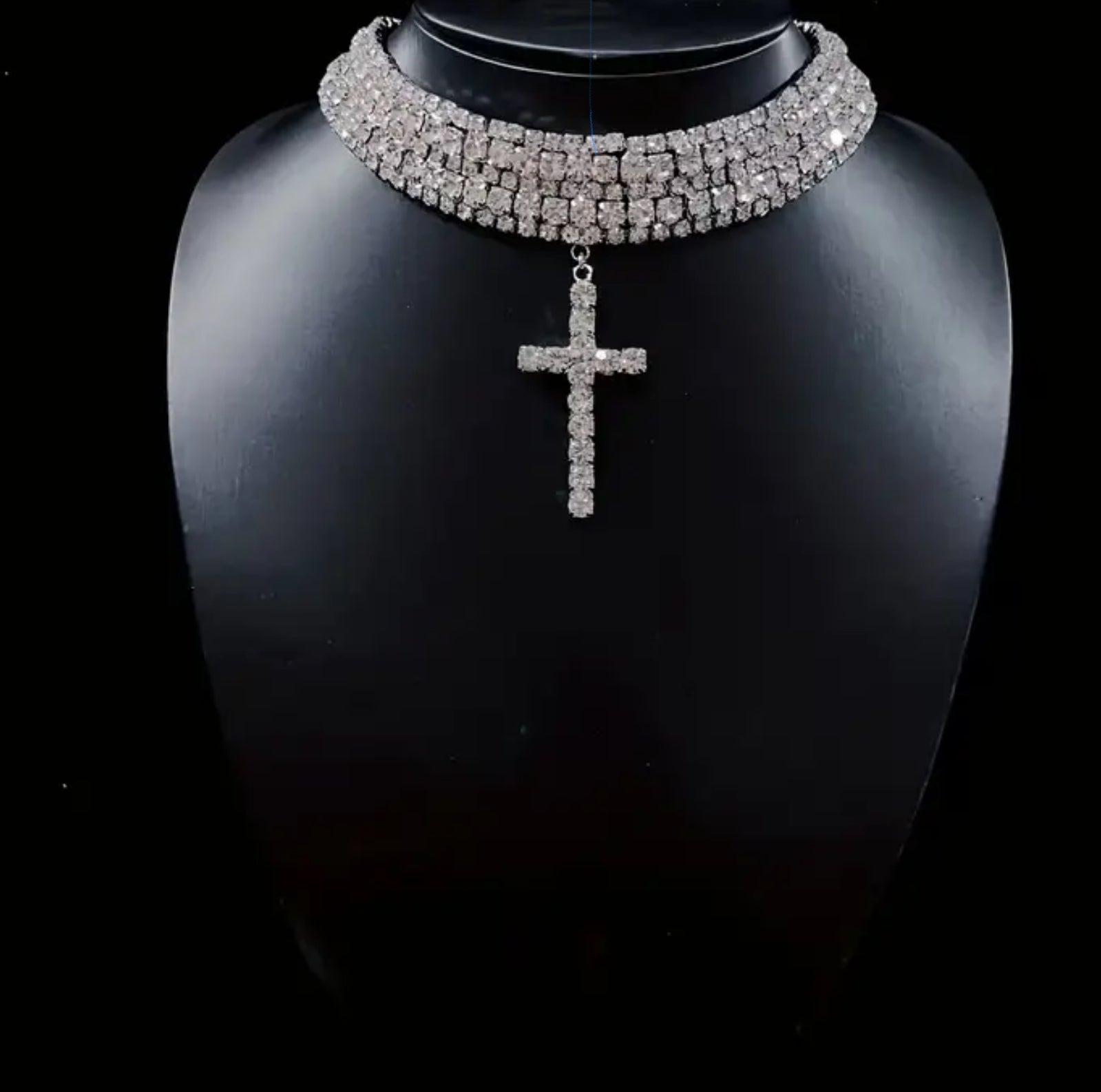 Vintage Pendant Necklace, Multi-Row Rhinestone Choker