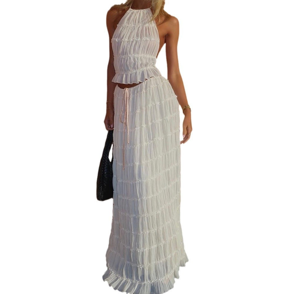 Summer foreign trade sexy backless halter neck strap pleated lace vest vacation style long skirt suit