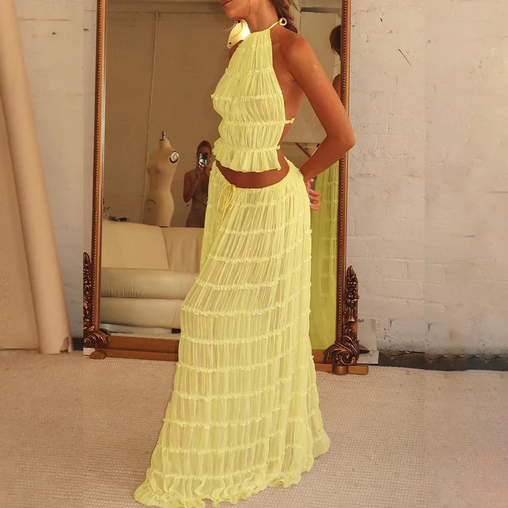 Summer foreign trade sexy backless halter neck strap pleated lace vest vacation style long skirt suit