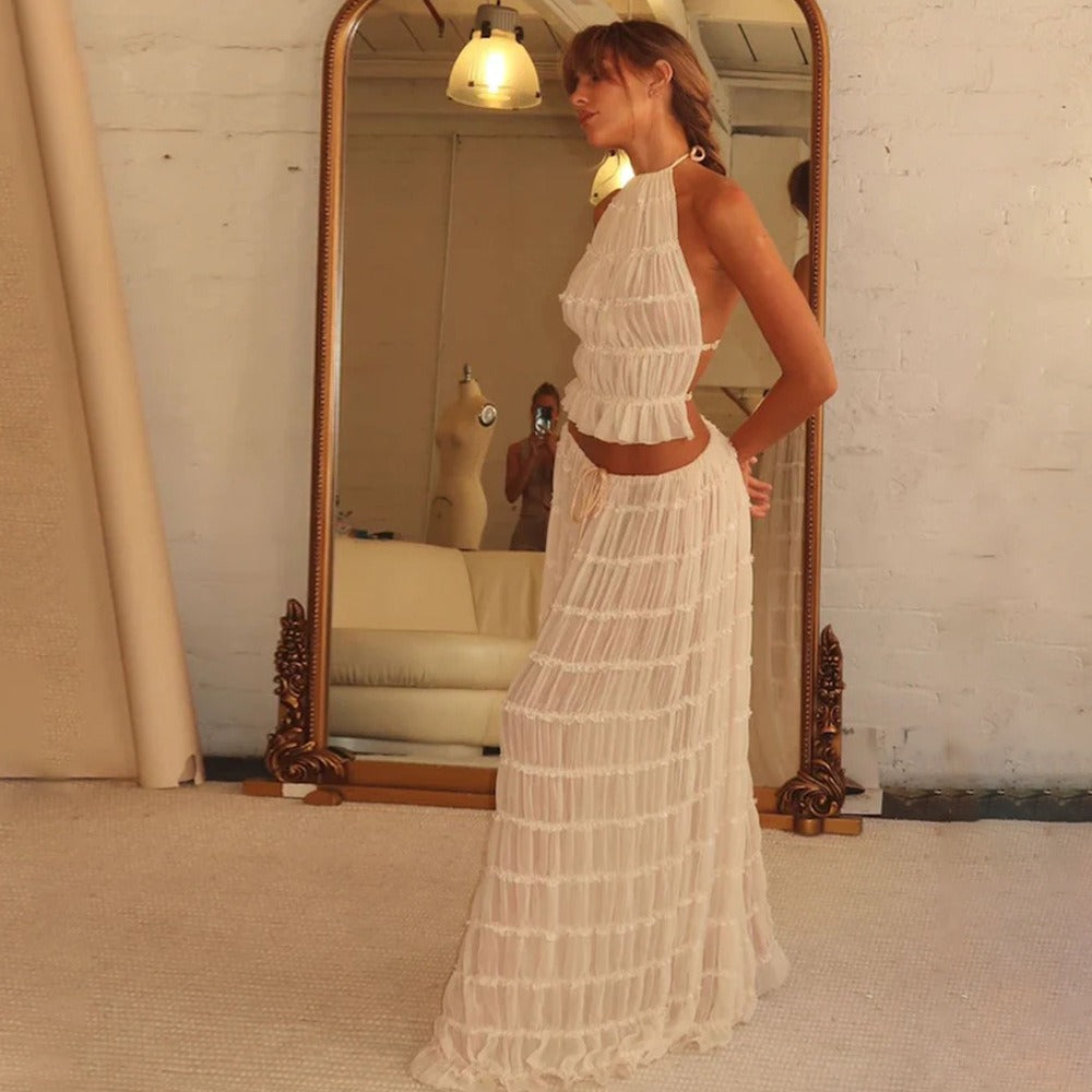 Summer foreign trade sexy backless halter neck strap pleated lace vest vacation style long skirt suit